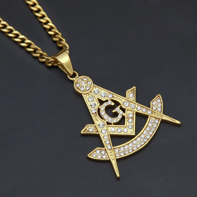 Hip Hop Bling Iced Out Rhinestones Stainless Steel Masonic Freemasonry Pendant Necklace for Men Rapper Jewelry