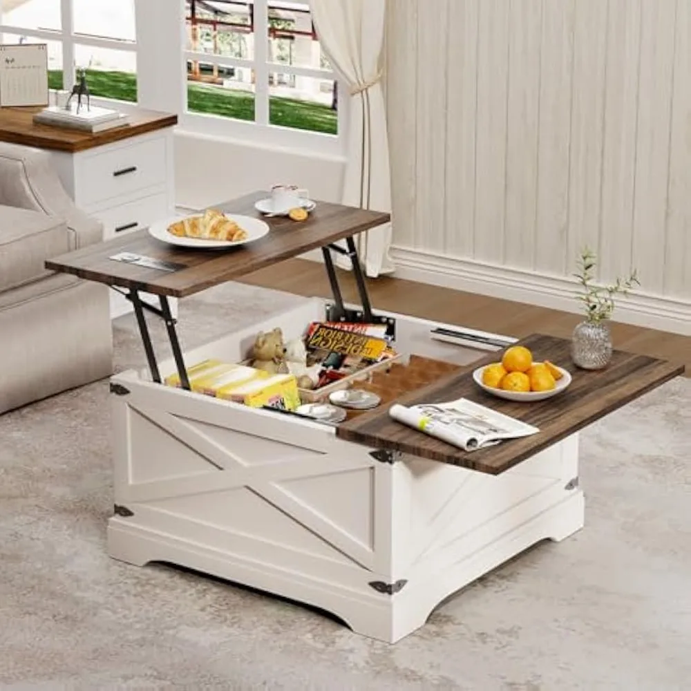 طاولة قهوة قابلة للرفع مع مساحة تخزين، طاولة قهوة مربعة لغرفة المعيشة مع شحن لاسلكي، طاولة قهوة للمزرعة