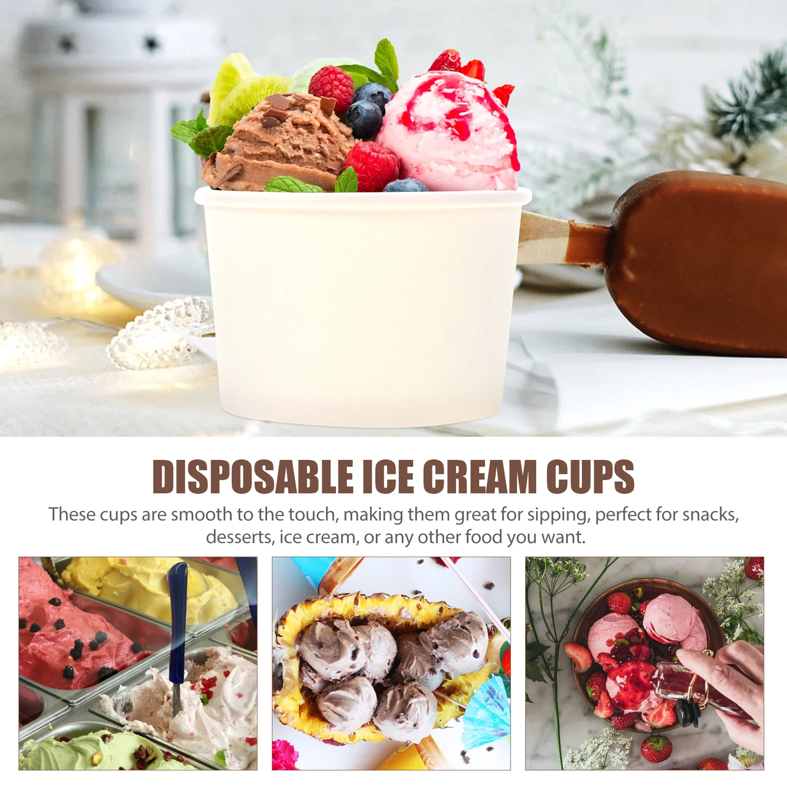 

50 Sets Ice Cream Cups Food Containers with Lids Paper Dessert Bowl Yogurt Parfait Dome