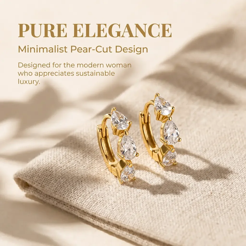 Moonmory Einfache Luxus Umweltfreundliche Messing Dreifach-Birnen-Huggie-Creolen für Damen 18K Vergoldete Ohrringe 5A Zirkon – Detail 12