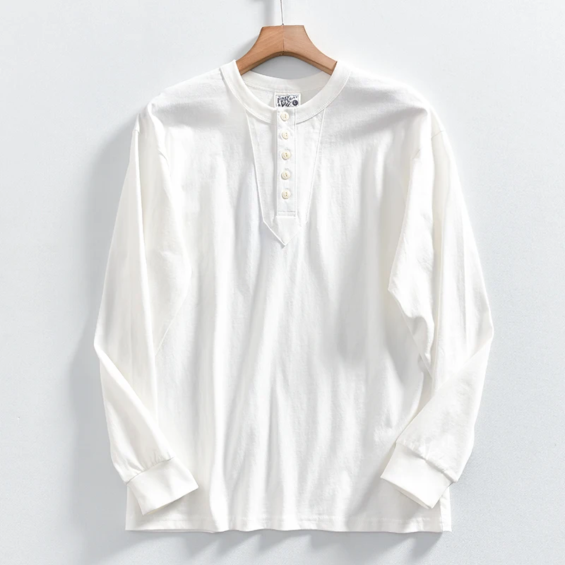 Men's Vintage Cotton Henley Shirt Solid Long-Sleeve Breathable T-Shirt Spring Fall Oversized Button Placket Top Retro Casual Tee