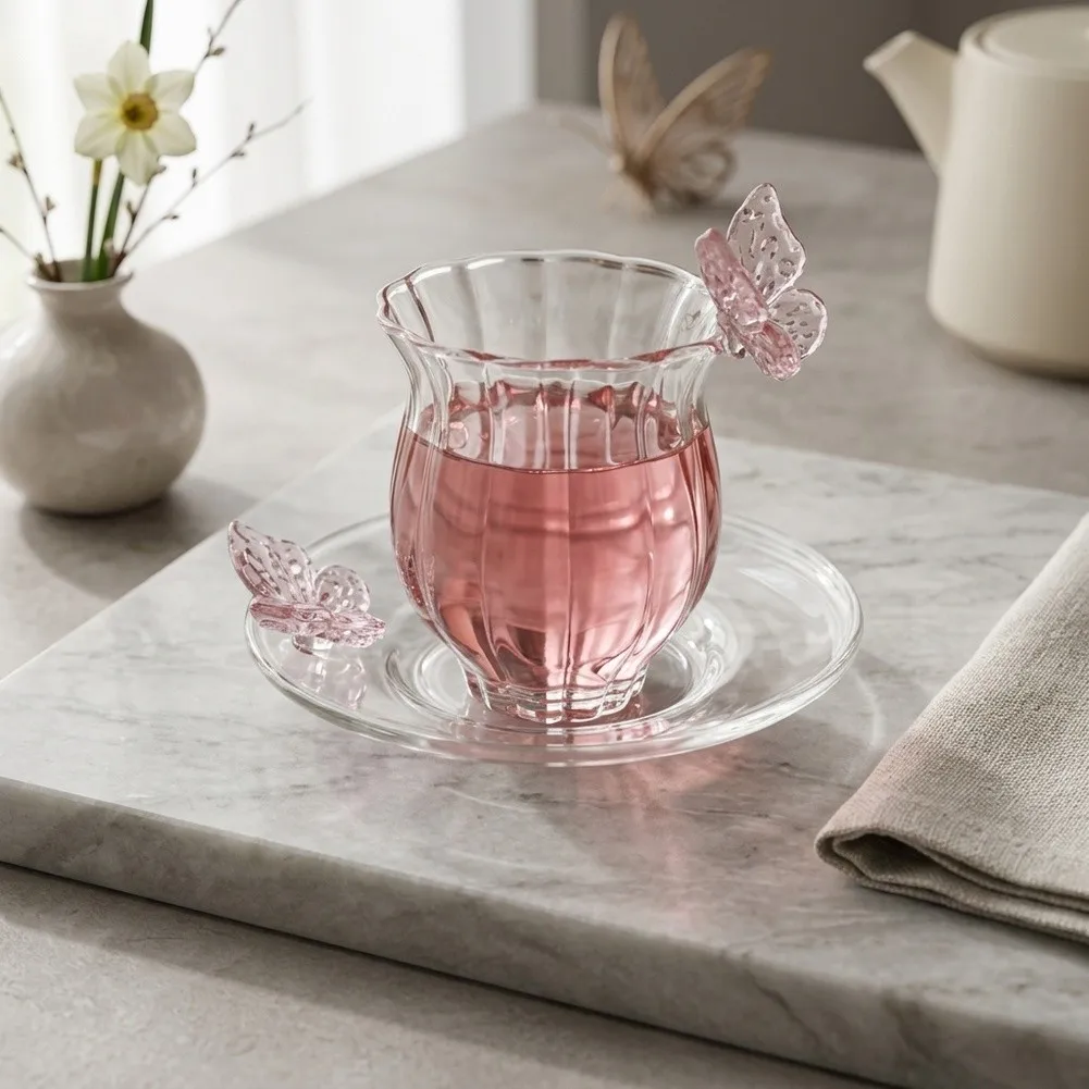 Matching Glass Cup and Saucer Set with Pink Butterfly Detail Vertical Ribbed Flower Shape Design for Indoor Decor