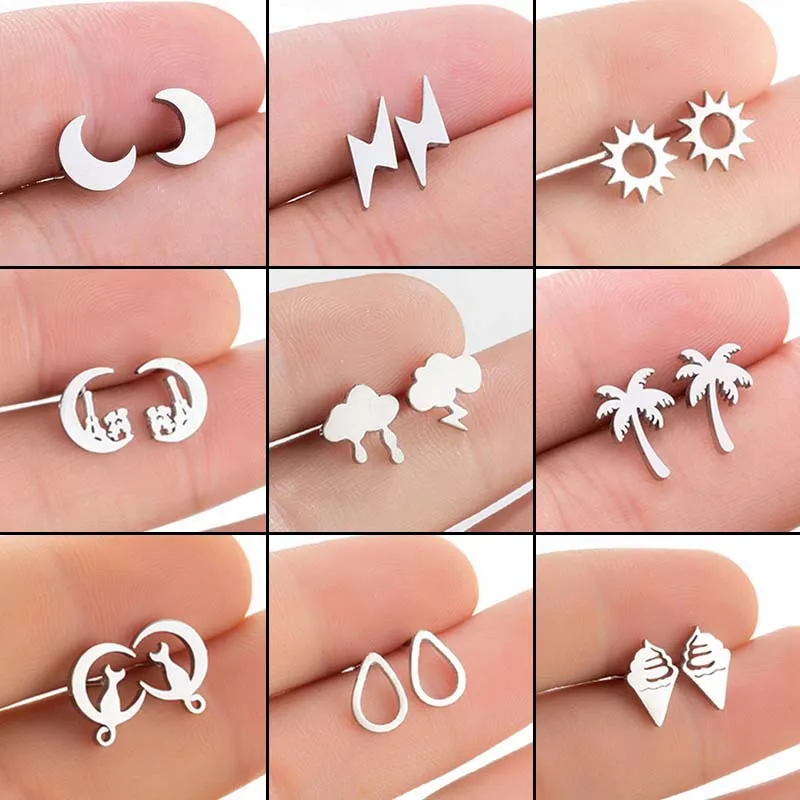 Romantic Stainless Steel Moon Sun Earring Asymmetry Cloud Lightning Jewelry Set Girls Valentine's Day Earrings Gifts Accessories