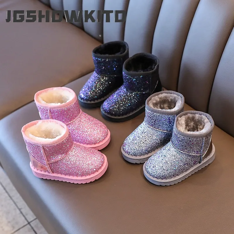 JGSHOWKITO Kids Snow Boots for Boys Girls Thick Plush Thermal Warm Winter Ankle Boots Classic Anti-slip with Sequins Classic New