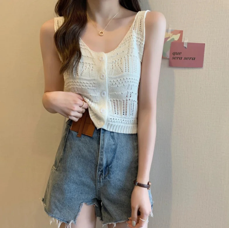 Spring And Summer New Knitted Hollow Sleeveless Solid Color Camisole Tank Top  For Women,4 Colors