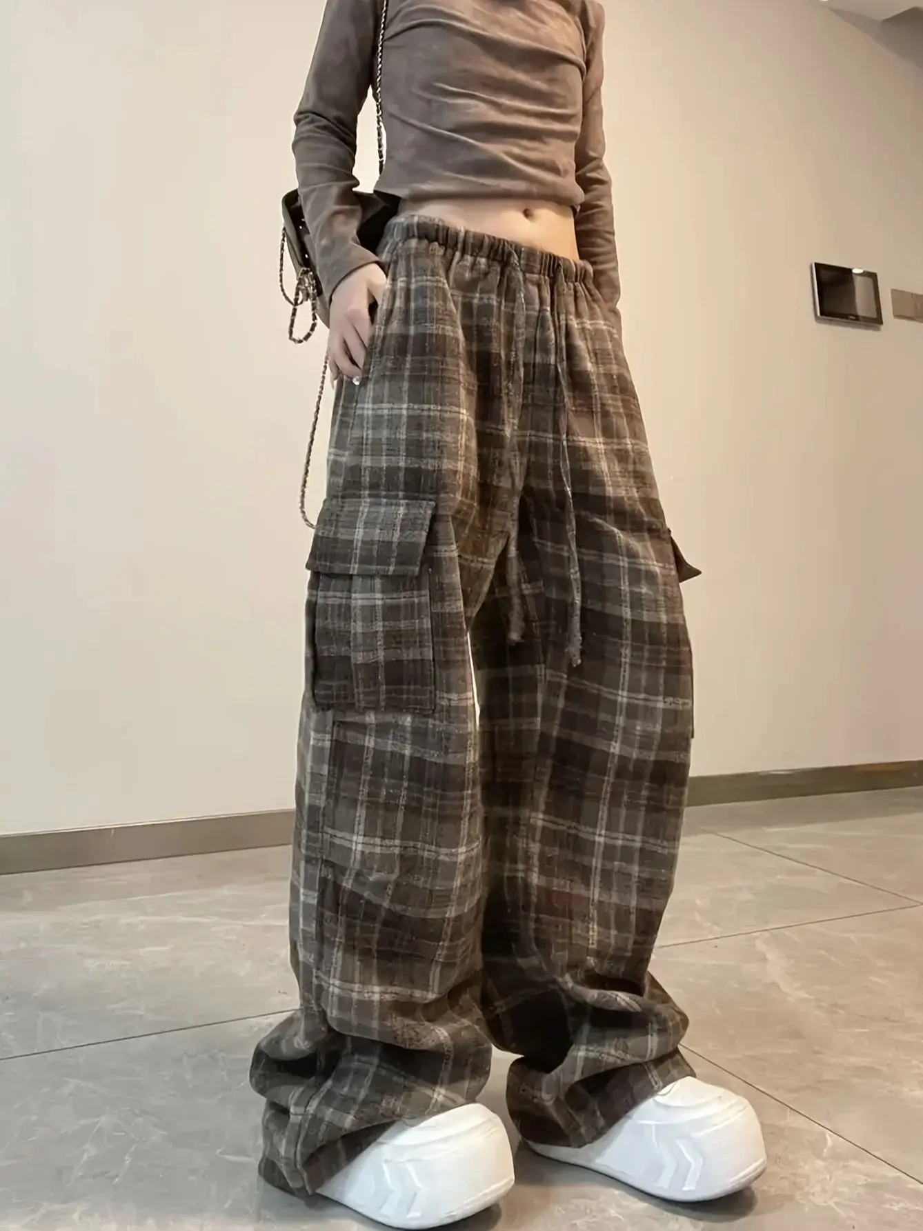 سراويل البضائع النسائية الأمريكية الرجعية، نمط الربيع والخريف، سراويل رياضية كاجوال منقوشة من الصوف #1