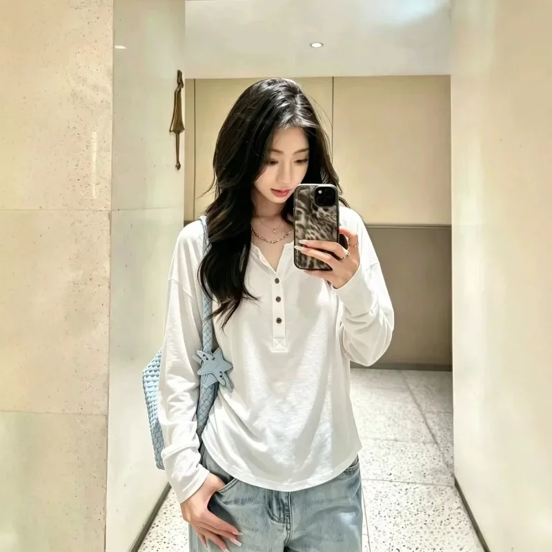 Japanese Y2k Harajuku Slim Fit Button Down Long Sleeve Shirts for Women Autumn Simple Inner Layering Student Top Female Clothing