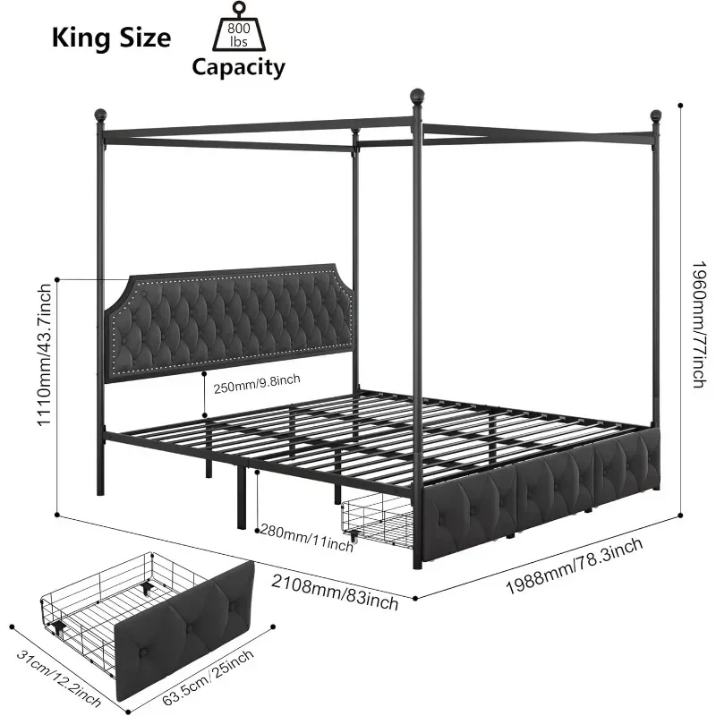 Upholstered Canopy Bed Frame with 3 Drawers and Button Tufted Headboard Metal Platform Bed No Box Spring Needed