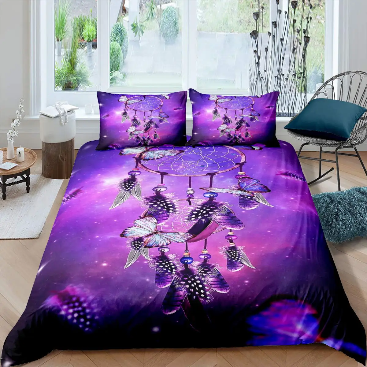 

Purple Dream Catcher Duvet Cover Set Bohemian Feather Dream Catcher Bedding Set Microfiber Exotic Ethnic Style King Quilt Cover