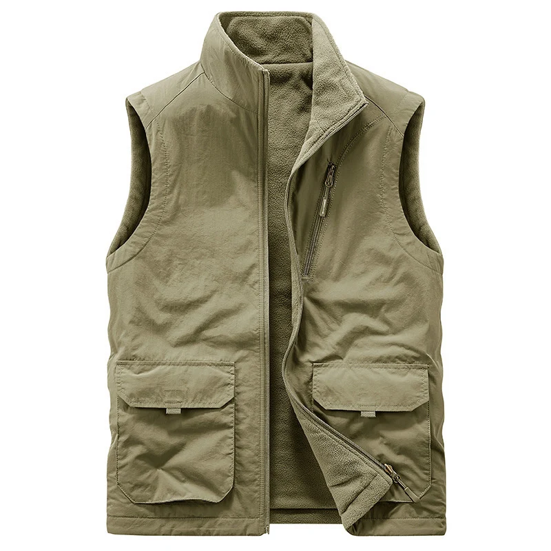 2023 Mens Fleece Vest Winter Outdoor Double-sided Wear Windproof Warm Polar Fleece Inside Tactical Hiking Safari Ski Cargo Vest