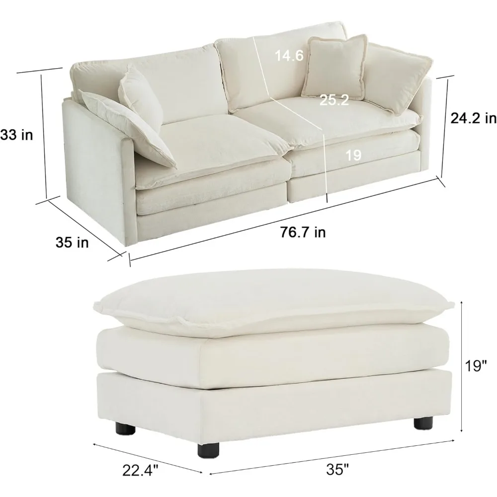 Deep Seat Sectional Sofa Cloud Couch with Ottoman, 76.7