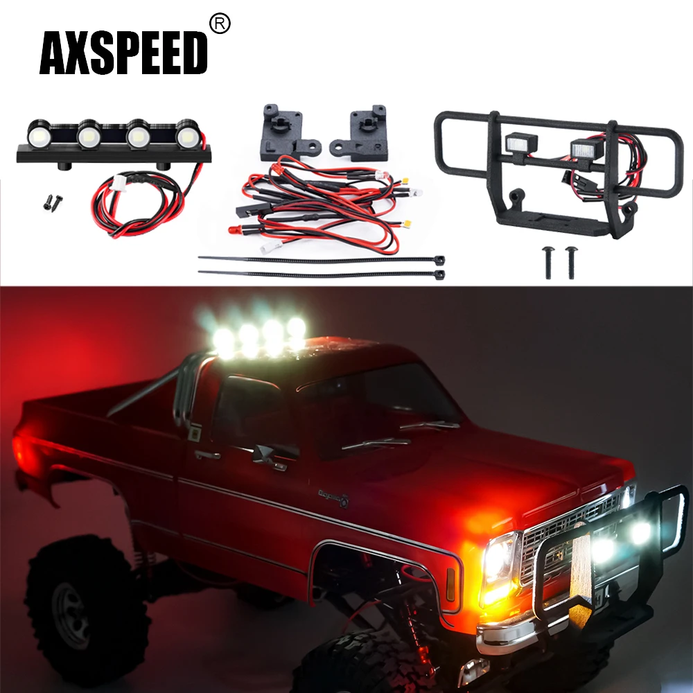 AXSPEED Symulacja przedniego zderzaka Reflektor i tylne światła dachowe LED do TRX-4M Chevrolet K10 lub F150 1/18 RC Car Parts