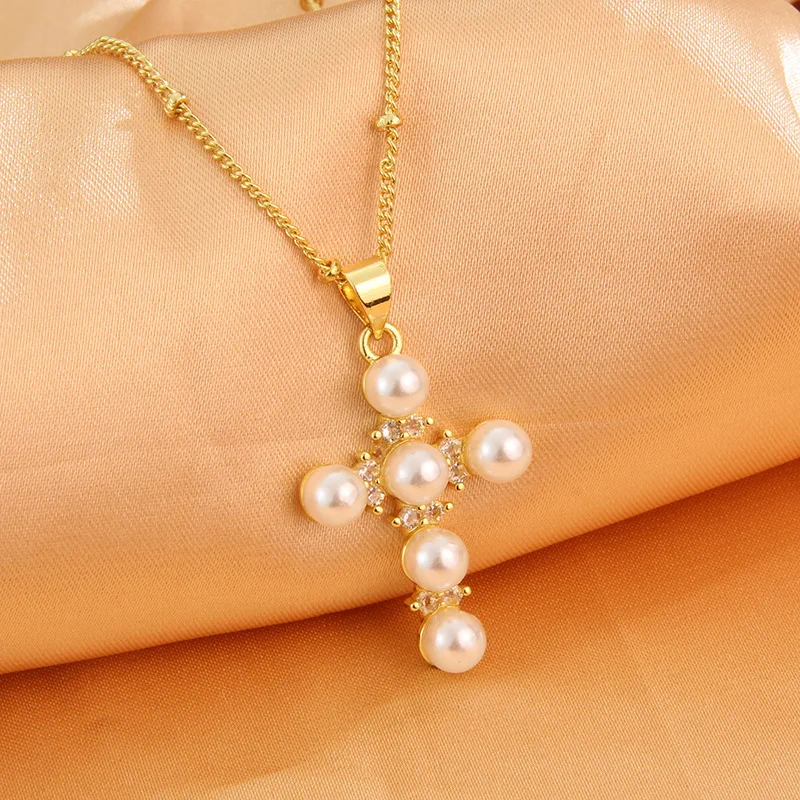 MHS.SUN Delicate Gold Silver Color Pearl Cross Pendant Necklace Mosaic Zircon Religious For Girls Women Jewelry Birthday Gift