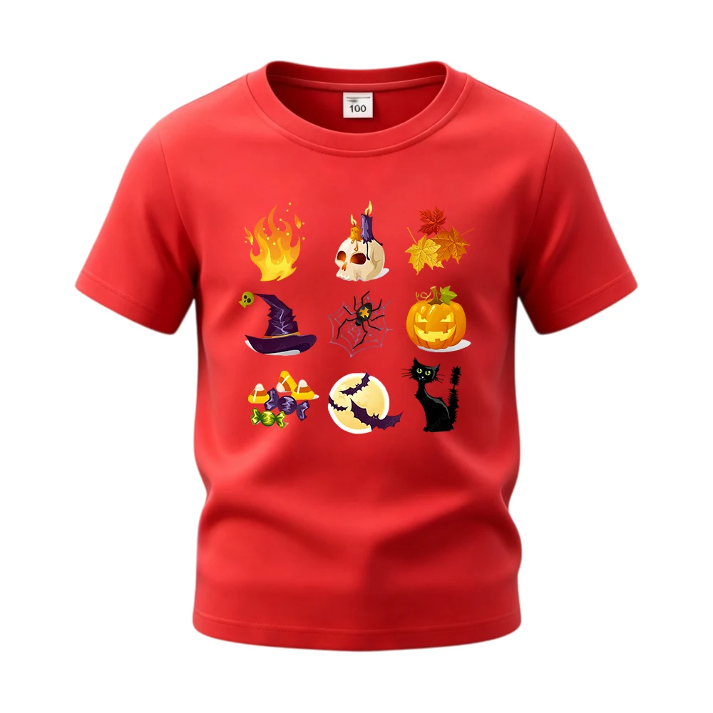 Collection of Halloween Icons Soft Cotton Short Sleeve Tops Tees Shirts Casual Daily T‑Shirt for Boys Girls Children Kids