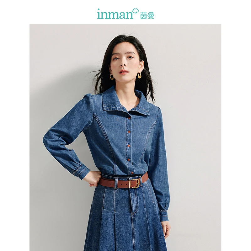 INMAN Denim Women's shirts French Chic stand collar 2024 Autumn women's blouse casual retro long-sleeved loose tops