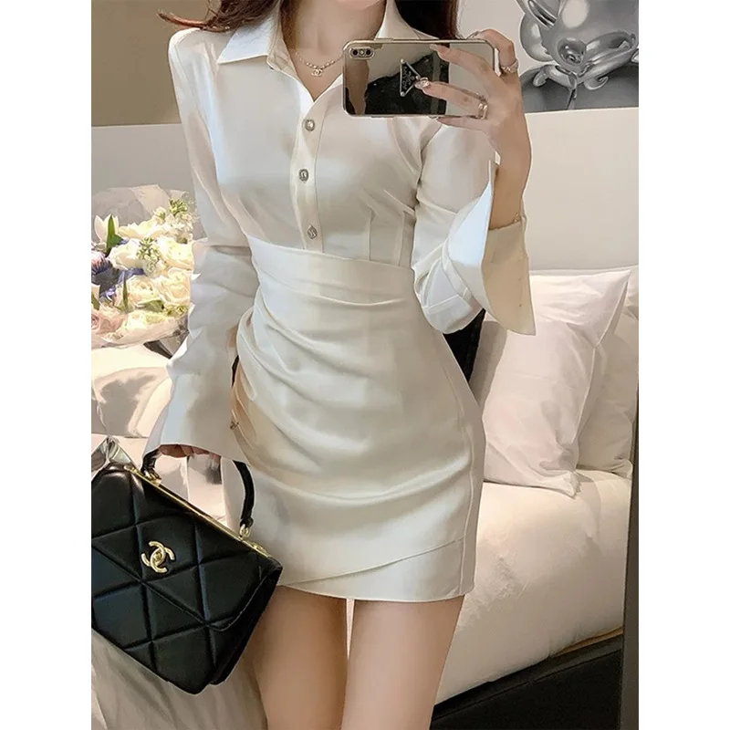 

Spring French style temperament adult lady halter slim suit acetic acid satin shirt long sleeve dress