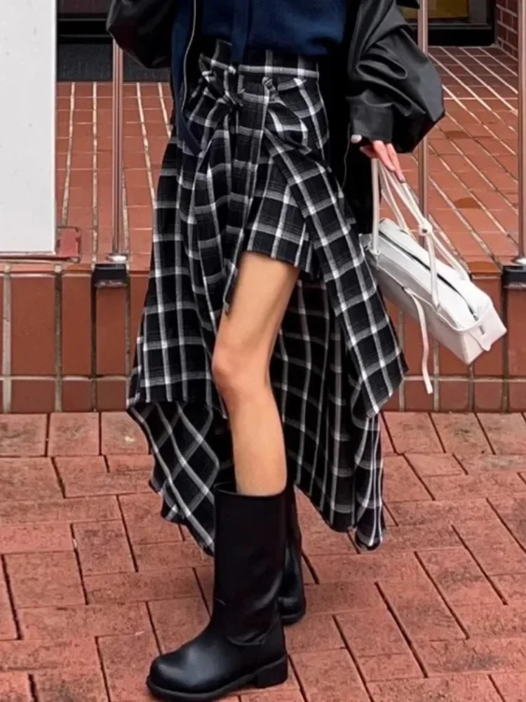 

Fashion Vinage Black Plaid Skirts Y2k E-girl High Waist Lace Uo Skirt For Women 2024 New Irregular All-match Faldas Mujer