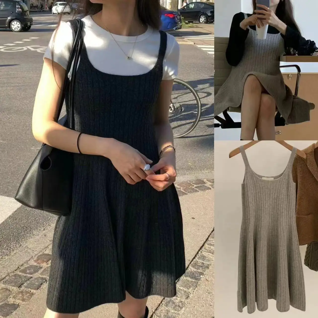 Vestido Versátil de Tricô Retro Outono Inverno Ounce2025, Camada Base Fena, Decote Redondo, Sem Mangas, Vestido em A