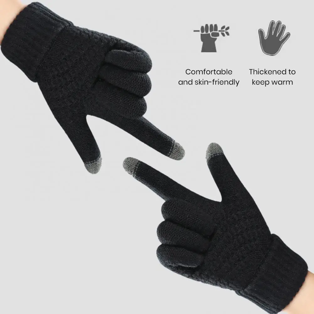 

1 Pair Autumn Winter Women Men Knitting Gloves Solid Color Ribbed Cuffs Ridding Gloves Thickened Windproof Touch Screen Gloves