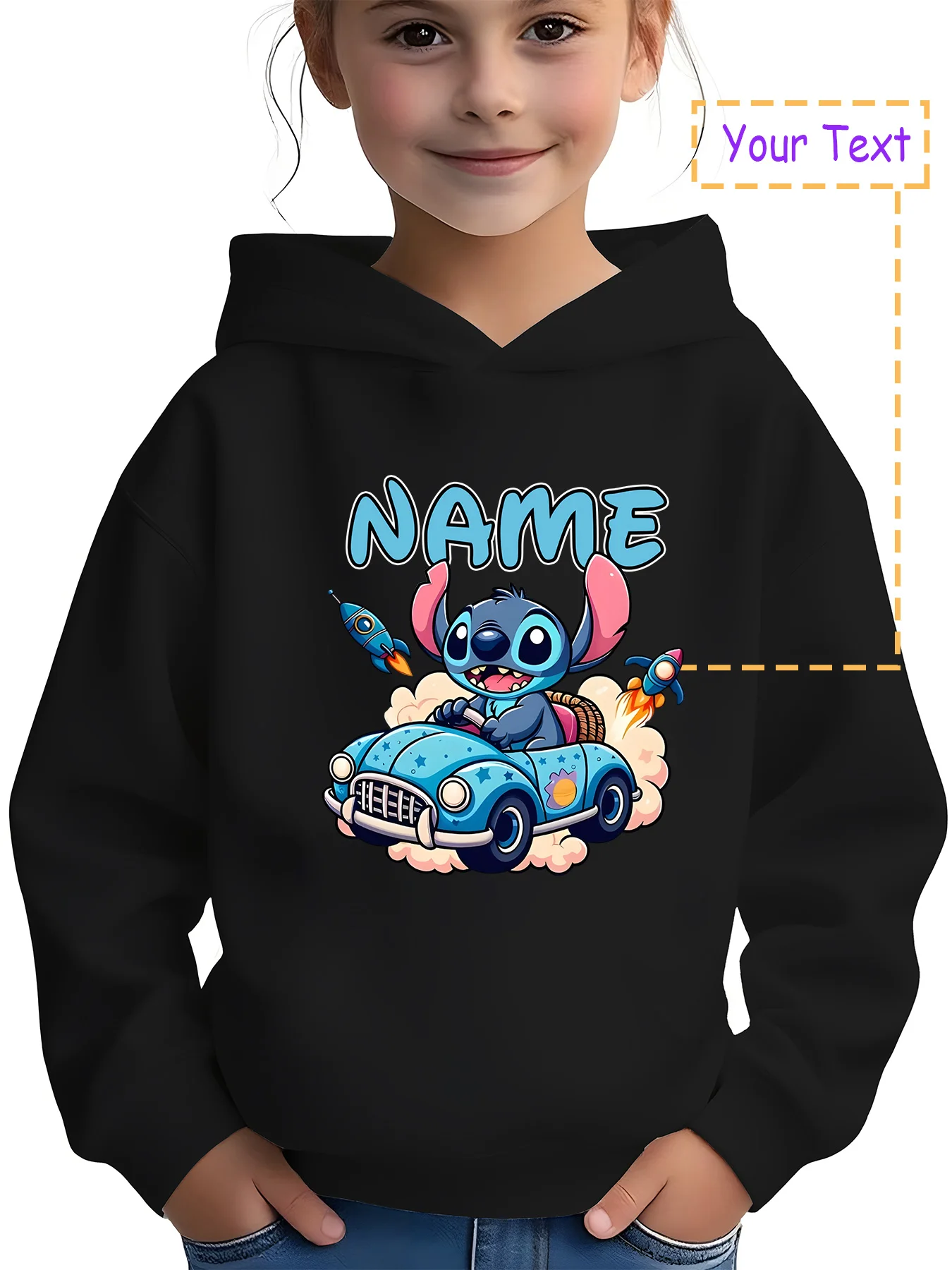 

MINISO Stitch Driving a Rocket Hoodie - Stitch driving a fun car with rocket elements, a striking everyday outfit for outings. C