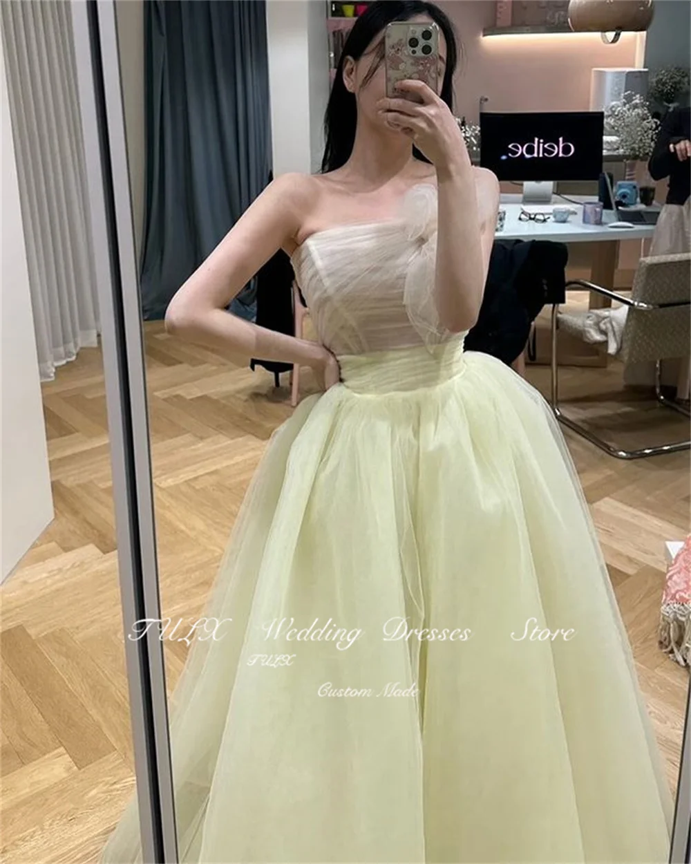 TULX Fairy Bez Ramiączek Tiulowa Żółta Koreańska Sukienka na Sesję Zdjęciową Studniówkową Długa Damska Suknia Wieczorowa Gorsetowa Formalna Suknia na Przyjęcie Szyta na Miarę 2025