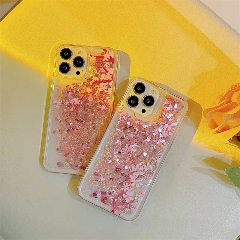 Glitter Quicksand Peach Blossom Case for iPhone 15 14 13 Pro Max Para Fundas Soft Protective Gloss Arena Phone Covers Women Capa