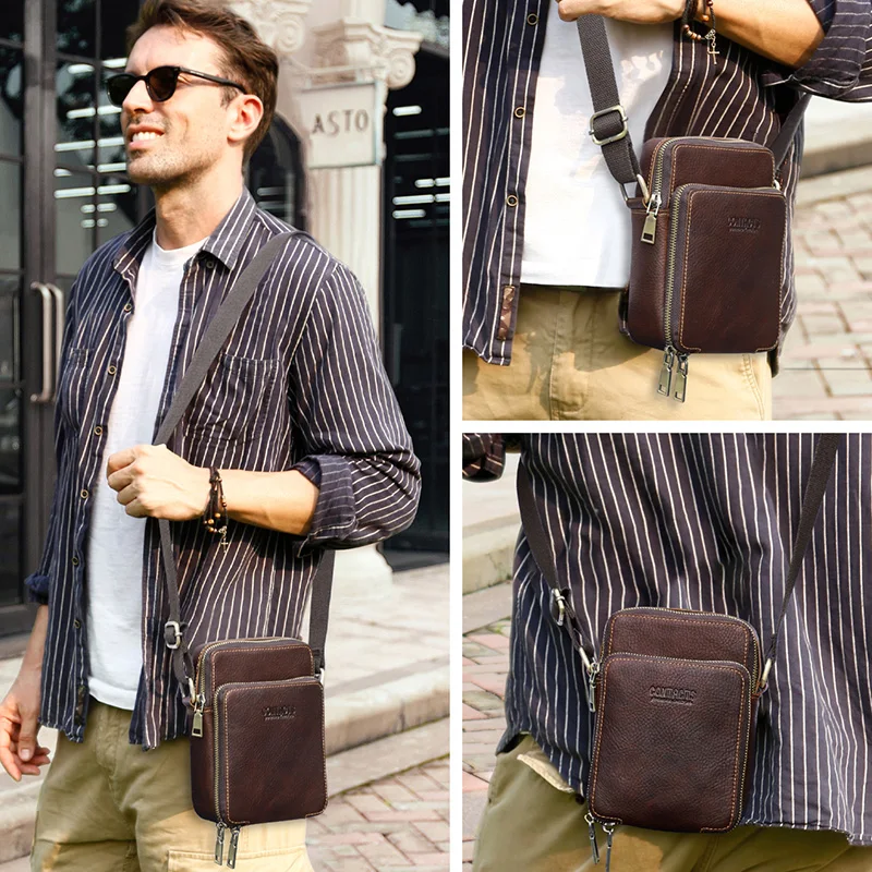 CONTACT\'S Genuine Leather Men Mini Crossbody Messenger Bags Phone Pouch Traveling Casual Small Shoulder Bag  Male Handbag