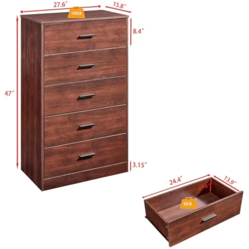 Tall 5-Drawer Wooden Dresser for Bedroom or Living Room | Modern Minimalist Design | Engineered Wood Construction | Smooth-Glidi