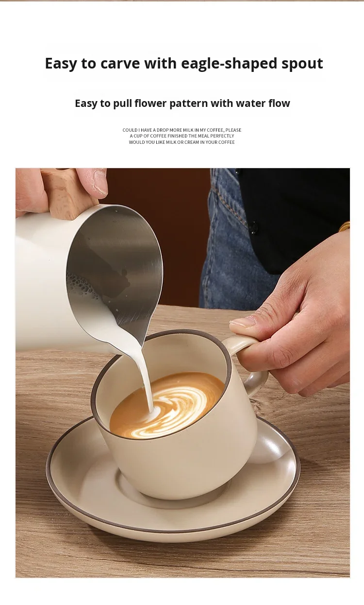Coffee Milk Frothing Pitcher Jug 304 Stainless Steel with Scale Mark Anti-scald Wooden Handle Coffee Accessories Barista Tools view 5