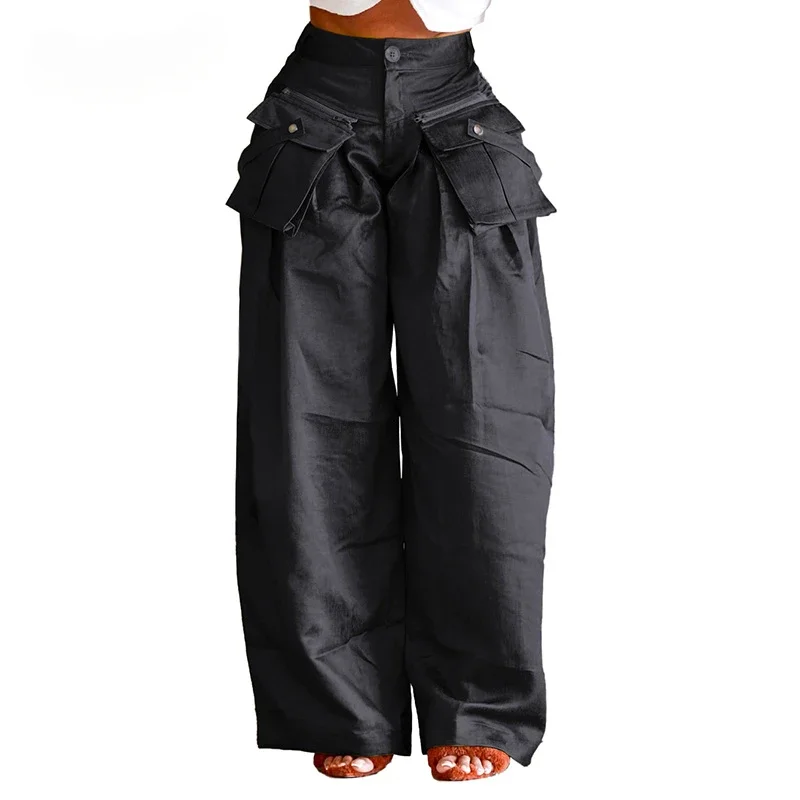 

Stigende Wide Leg Loose Cargo Pants Women Removable Pocket Hip Hop Pants Patchwork Stretch Straight Baggy Trousers Streetwear