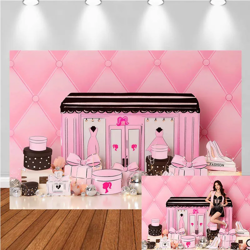 

LS Photography Backdrop Girl Pink Bow Diamond Wardrobe High Heel Decor Birthday Cakes Smash Adults Portrait Photo Background
