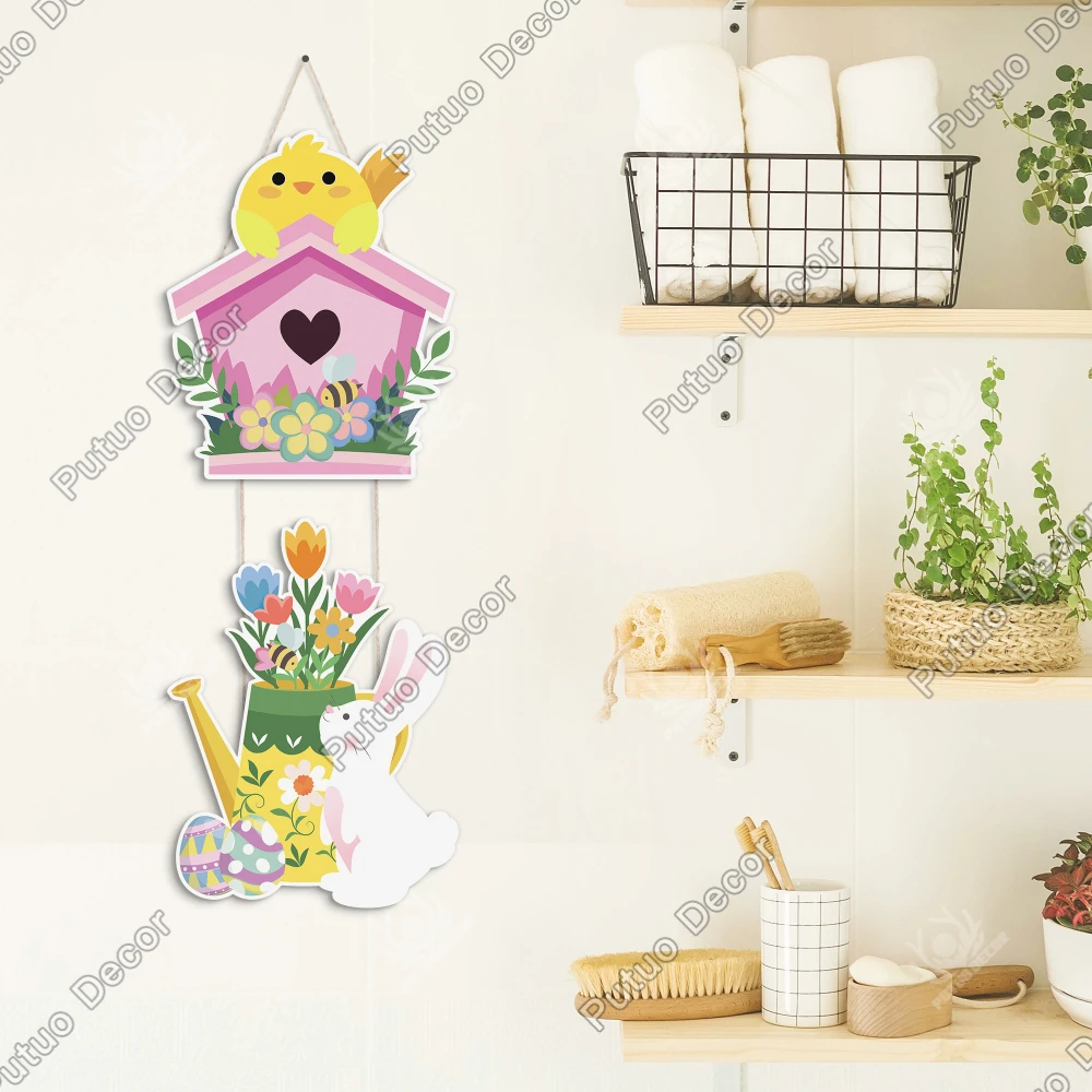 

Putuo Decor 1pc Birdhouse and Watering Can Shaped Wooden Round Hanging Decor, Wall Art Decor for Home Cafe Florist's Shop,Gifts