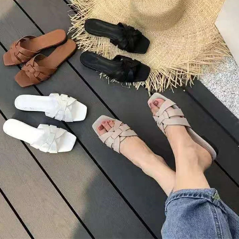 

Women Brand Slippers Summer Slides Open Toe Flat Casual Shoes Leisure Sandal Female Beach Flip Flops Big Size 35-43