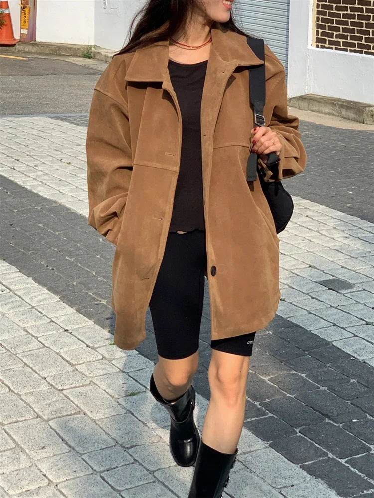 

Suede Windbreaker Coat for Women Winter Fashionable Retro Turn-down Collar Oversized Jackets High-end French Maillard Loose Coat