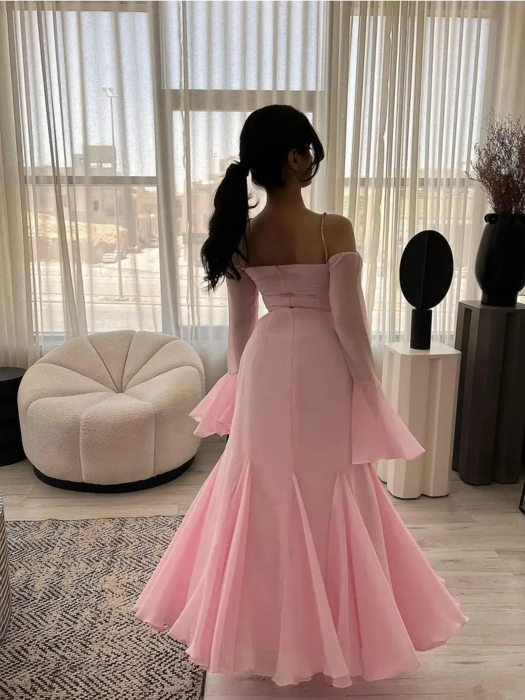 Elegant Pink Evening Dresses Beading Mermaid Prom Gowns Off the Shoulder Chiffon Formal Occasion Gown Dubai فستان حفلات الزفاف