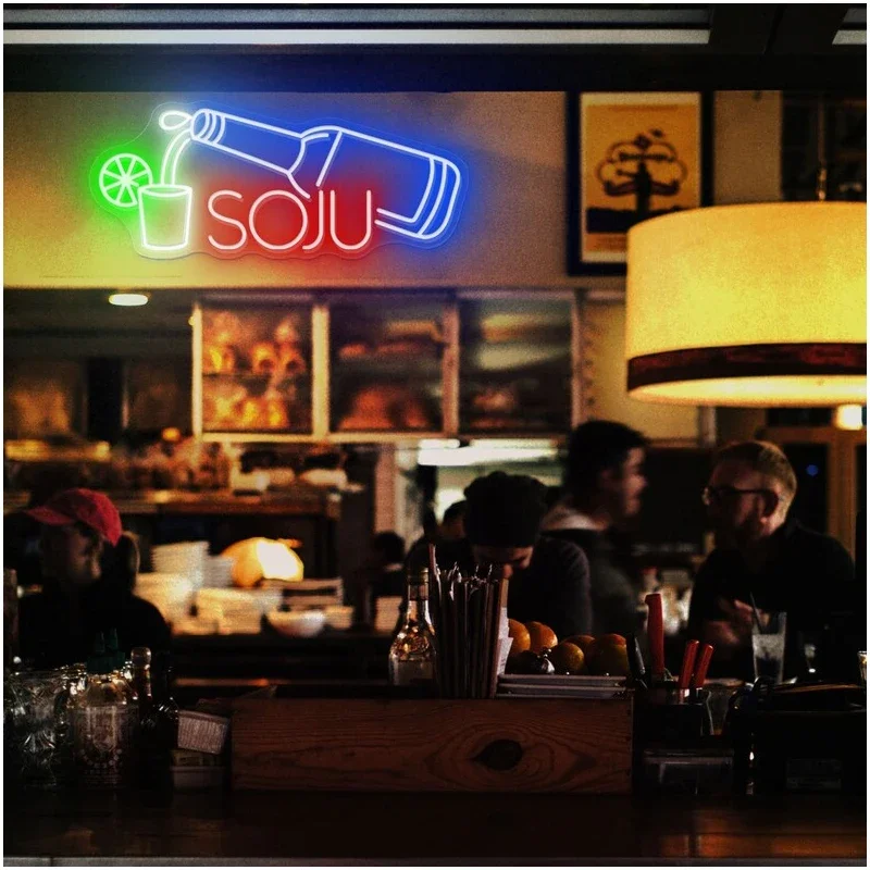 Soju LED papan Neon bir Korea, lampu sein Neon Led kustom untuk dekorasi Bar, dekorasi dinding, tanda pesta Bisnis