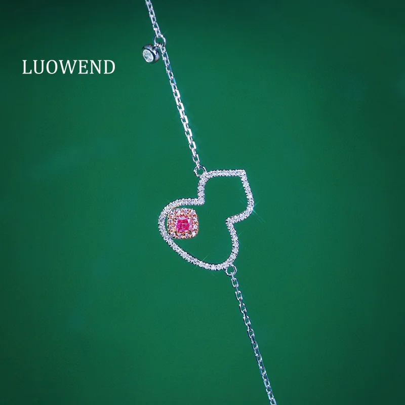 LUOWEND, pulsera de oro blanco 100% 18K, pulsera de diamantes rosas naturales reales de estilo romántico para mujer, regalo de cumpleaños, joyería fina