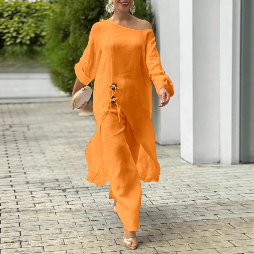 여성 2피스 세트 원숄더 버튼 장식 슬릿 프레이드 엣지 탑과 캐주얼 밴딩 와이드 레그 팬츠 세트