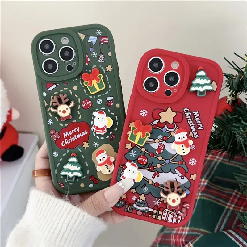 Ottwn 3D Cartoon Elk Santa Claus Tree Christmas Phone Case For iPhone 13 11 12 Pro Max 13 14 Plus X XR XS 7 8 Plus SE 2020 Cover