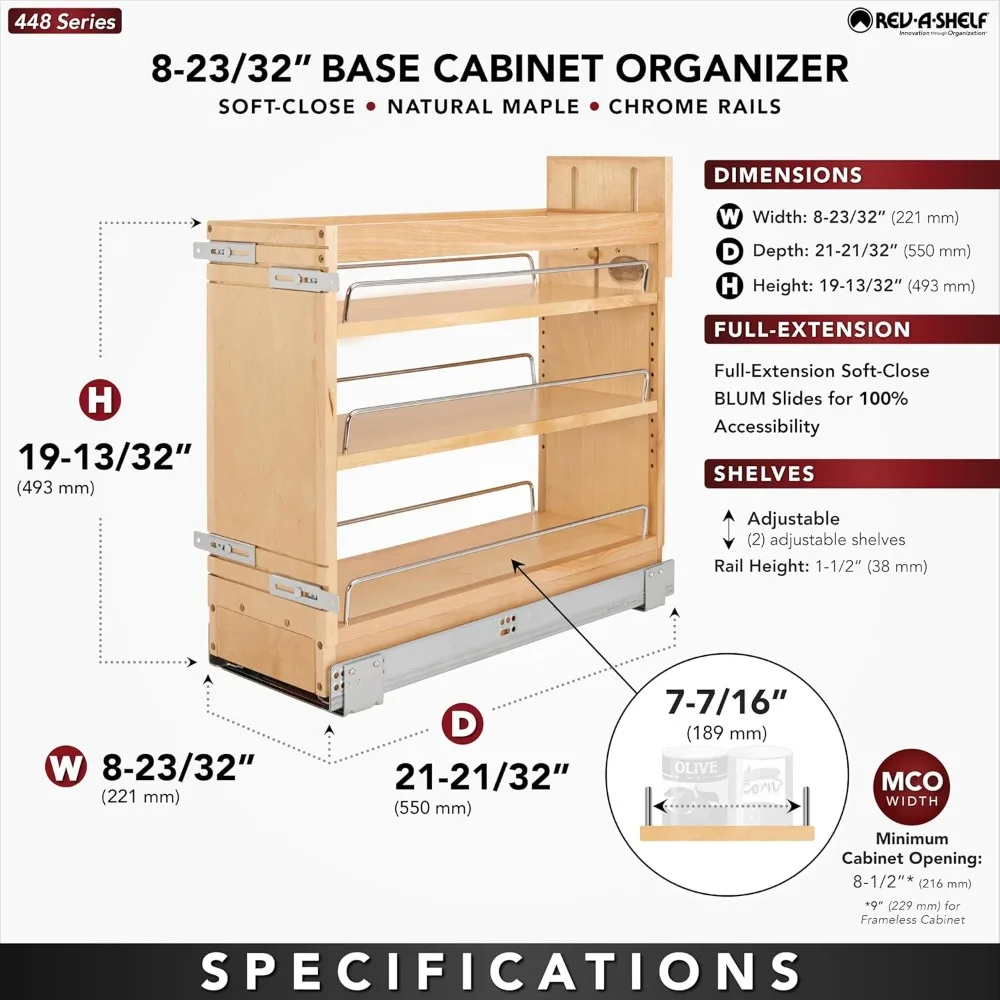 Rev-A-Shelf 8" Pullout Storage Organizer for Base Kitchen/Bathroom Cabinets, Spice Rack Pantry Shelves with Soft-Close Slides, W