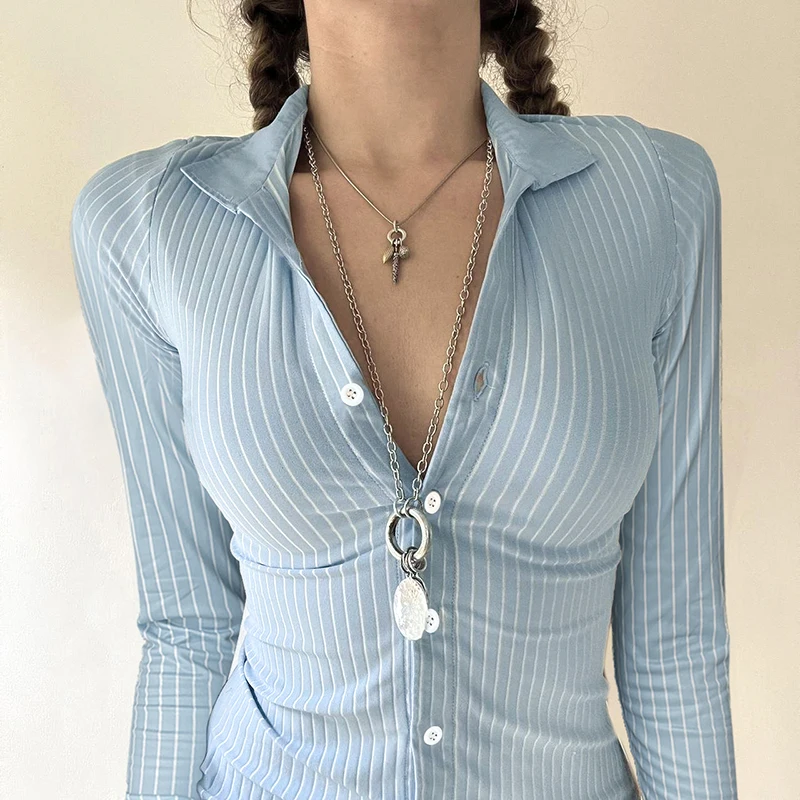 IAMHOTTY Y2K Striped Shirt Autumn Spring Casual Basic Slim-fitting Turn-down Collar Blouses Preppy Chic Elegant Streetwear New