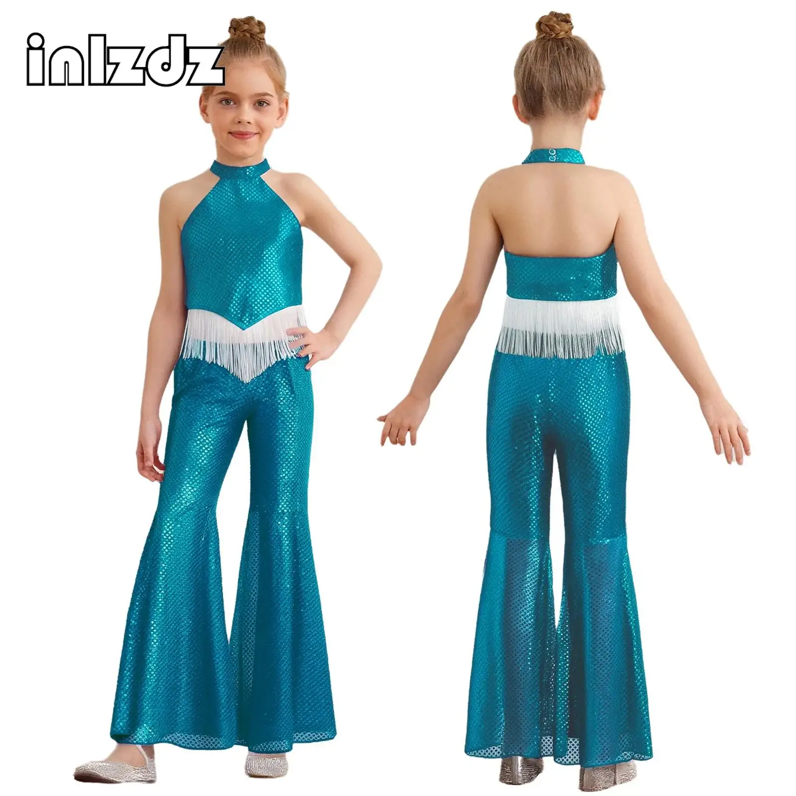 

Girls Sequins Jazz Dance Sets Halter Sleeveless Tassels Hem Crop Top+Bell-Bottom Pants Set for Stage Show Musical Performance