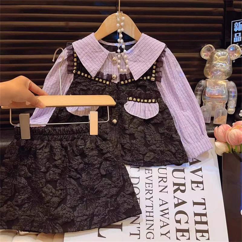 

Girls' Autumn French Style Baby Girl Color Block Outfit2025Shirt long sleeve short dress two-piece stylish set