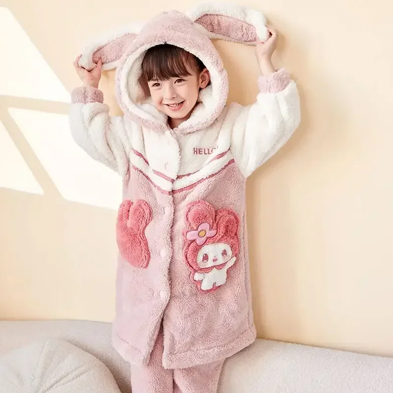 

My Melody Kuromi Anime Sanrio Ins Kawaii Fashio Children Nightgown Coral Velvet Thick Pajamas Cute Warm Home Wear Clothing Toys