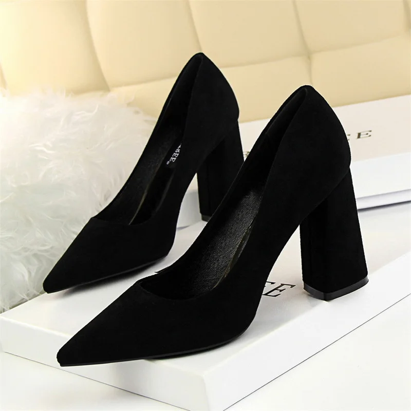 Summer Women Shallow Mouth Pointed Toe Pumps Elegant Sweet Wedding Block Square Middle Heels Flock Suede Single Shoes