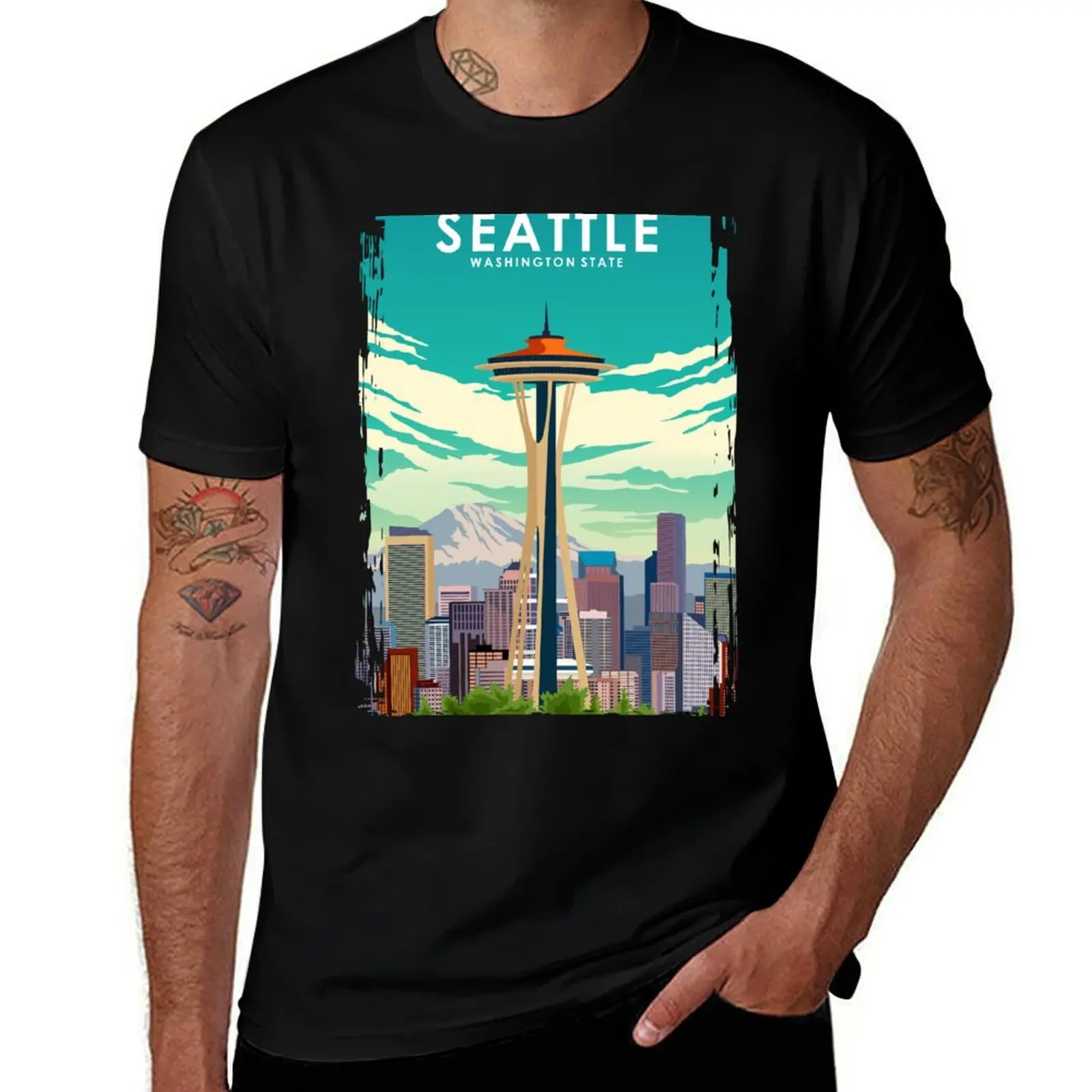

Seattle Washington State Travel Poster T-Shirt Casual Fashion Print Tee Top
