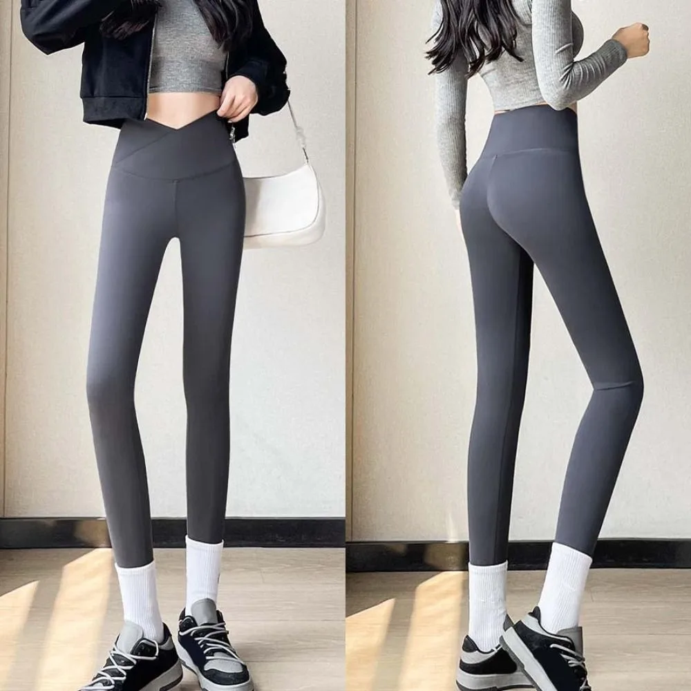 Cross Waist Design Women Leggings Thin Solid Color High Waist Leggings Abdominal Tightening Trousers Jogging Capri Pants Girl