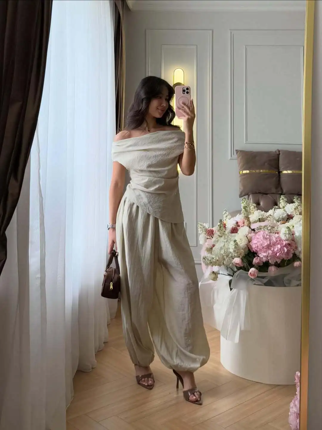 STYLISH LADY Casual 2 Piece Outfit For Women Off Shoulder Ruched Blouse High Waist Harem Lantern Pants Daily Vacation Wear