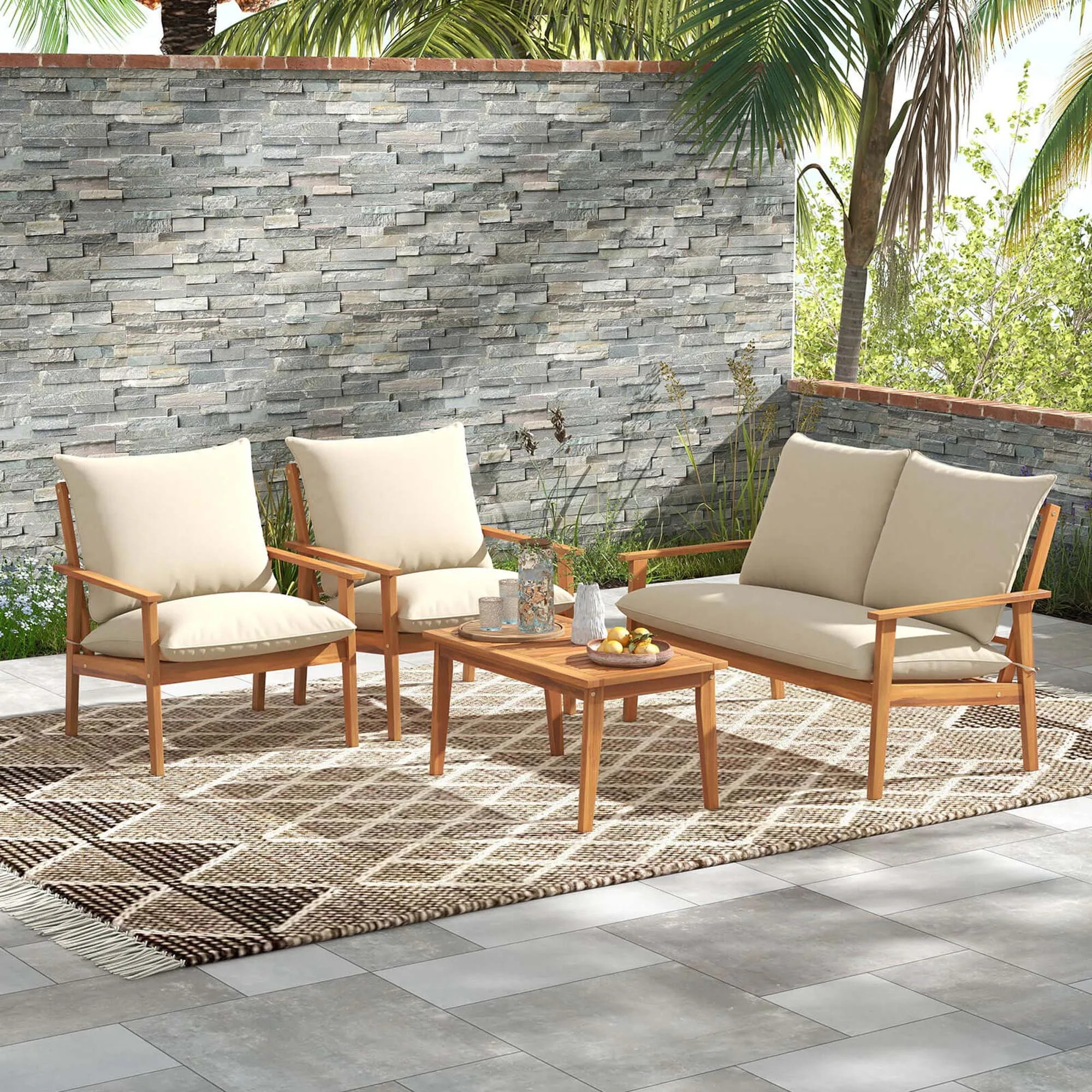 4 PCS Acacia Wood Patio Furniture Set with Soft Cushions and Coffee Table