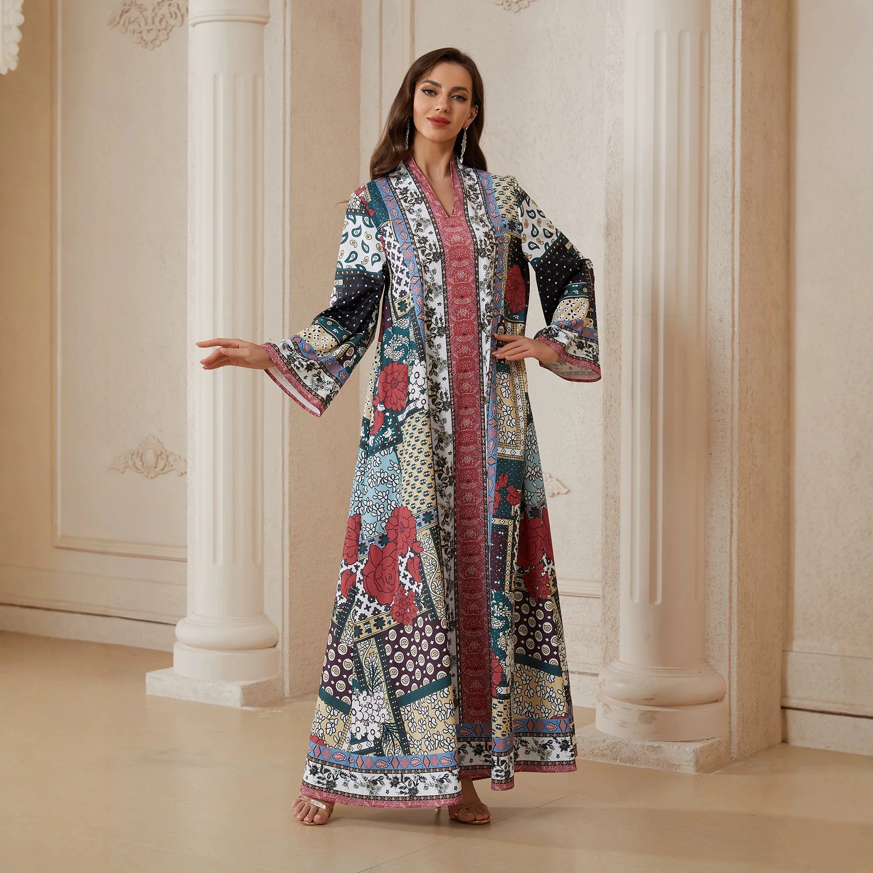Women Plus Size Loose Fit V-neck Floor Length Trendy Daily Basic A-line Abaya Dress Middle East Fashion Female Jalabiya Clothes